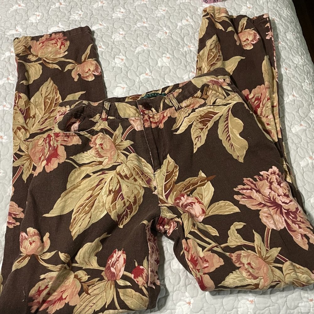 Lauren Ralph Lauren Brown Floral Straight-Leg Pants
